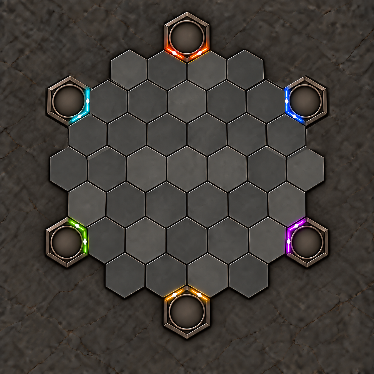 Sunderveil's corrected 37-tile hexagonal battlefield surrounded by six aligned Veilhearts
