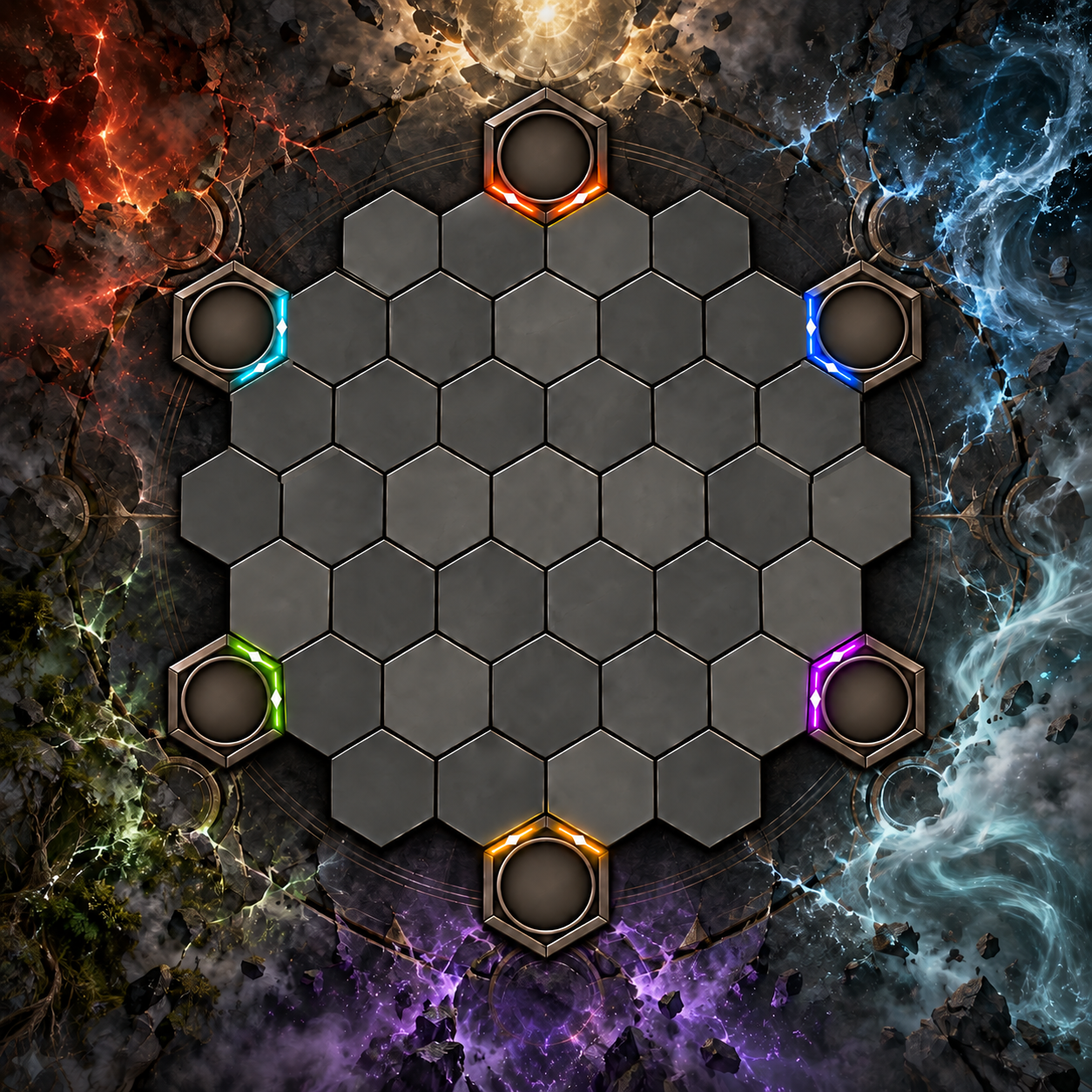 Sunderveil's 37-tile battlefield surrounded by six aligned Veilhearts and elemental energy